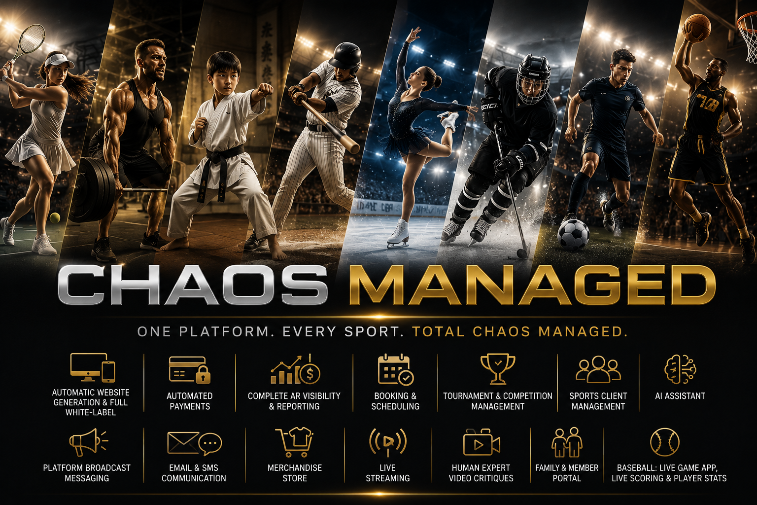 Chaos Managed — one platform for every sport: automatic website generation, payments, AR reporting, booking and scheduling, tournament management, sports client management, AI assistant, broadcast messaging, email and SMS, merchandise, live streaming, expert video critiques, family portal, and baseball live scoring.